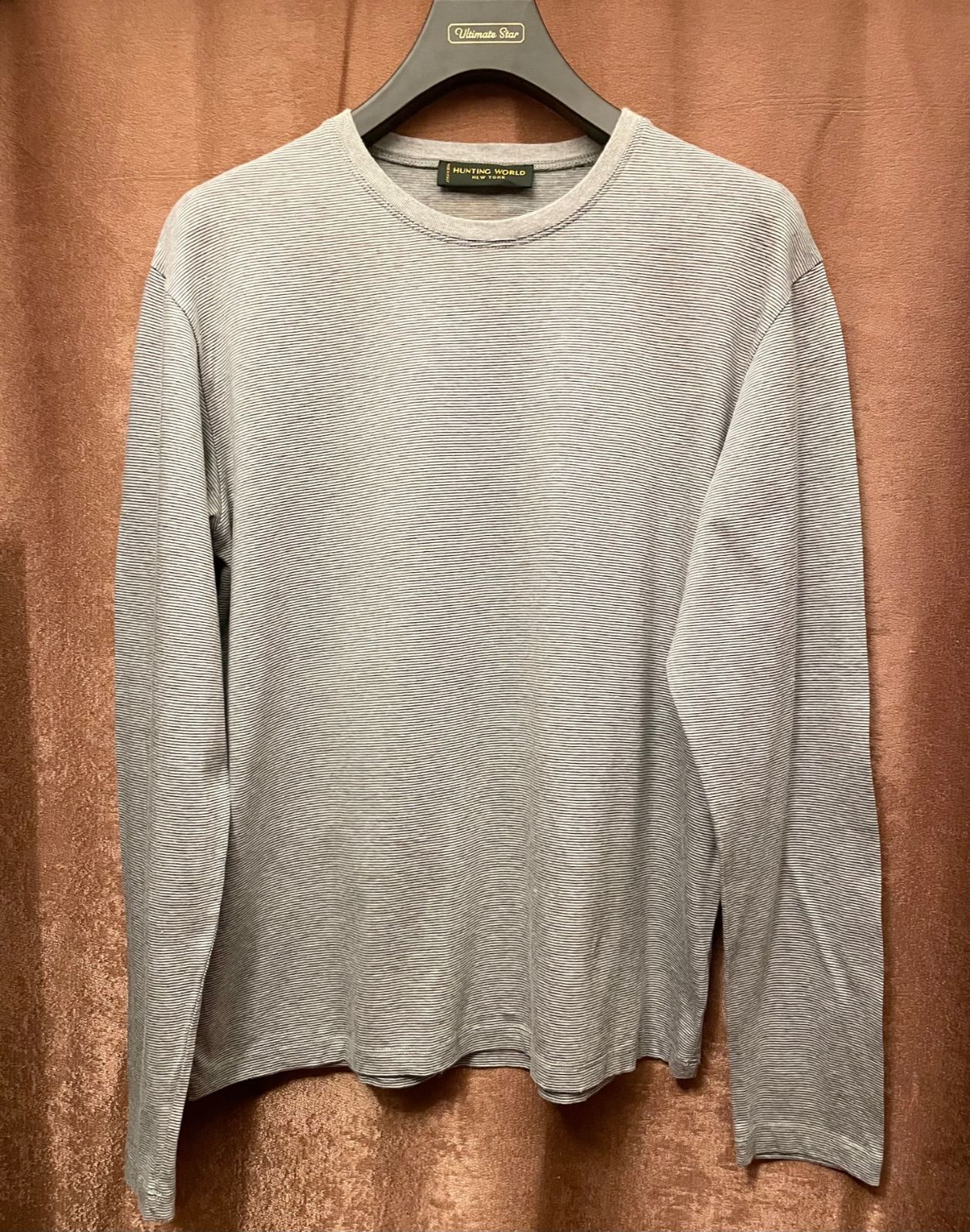 MADE IN ITALY製 HUNTING WORLD クルーネックボーダー柄長袖Tシャツ グレー 48サイズ