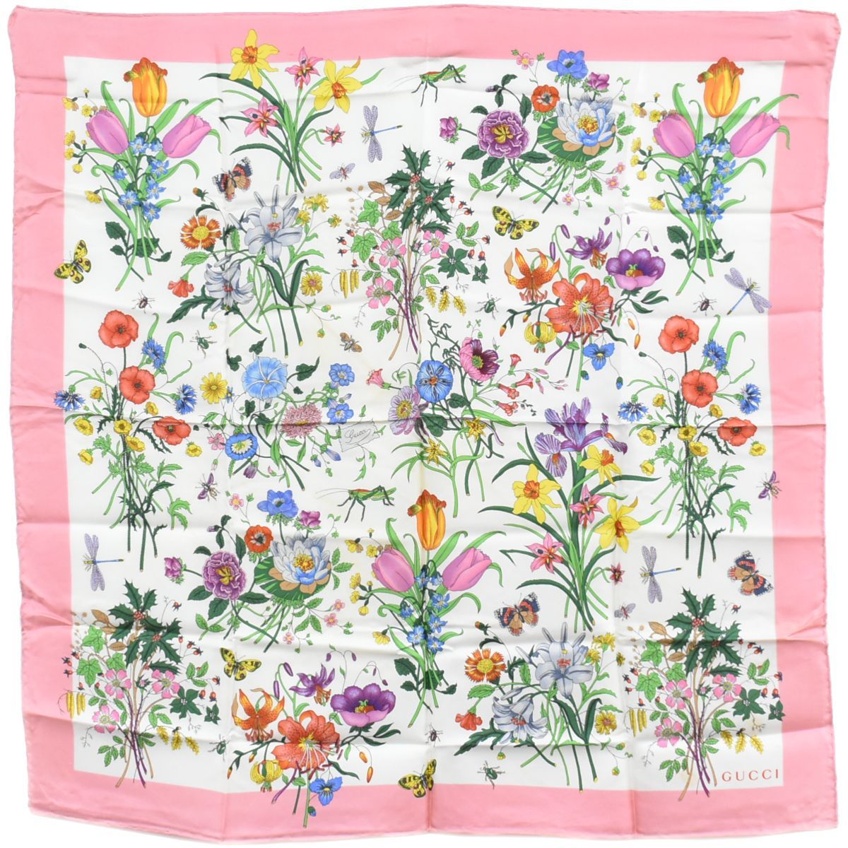 本物 グッチ GUCCI フラワー 花柄 スカーフ ショール バンダナ シルク ピンク マルチ 服飾小物 フォロー割