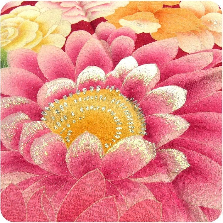 振袖 USED正絹仕立て上がり 赤 季節の花々デザイン模様 Lサイズ Aランク kimono-japan_fri025