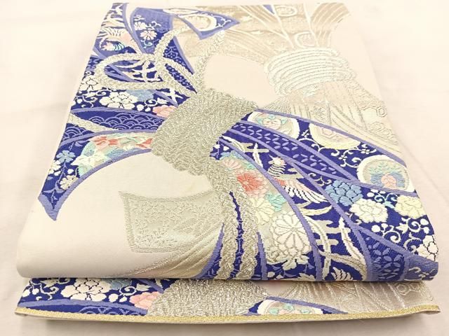 平和屋着物◎六通柄袋帯 唐織 重ね熨斗文 銀糸 正絹 逸品 BAAU9419yc