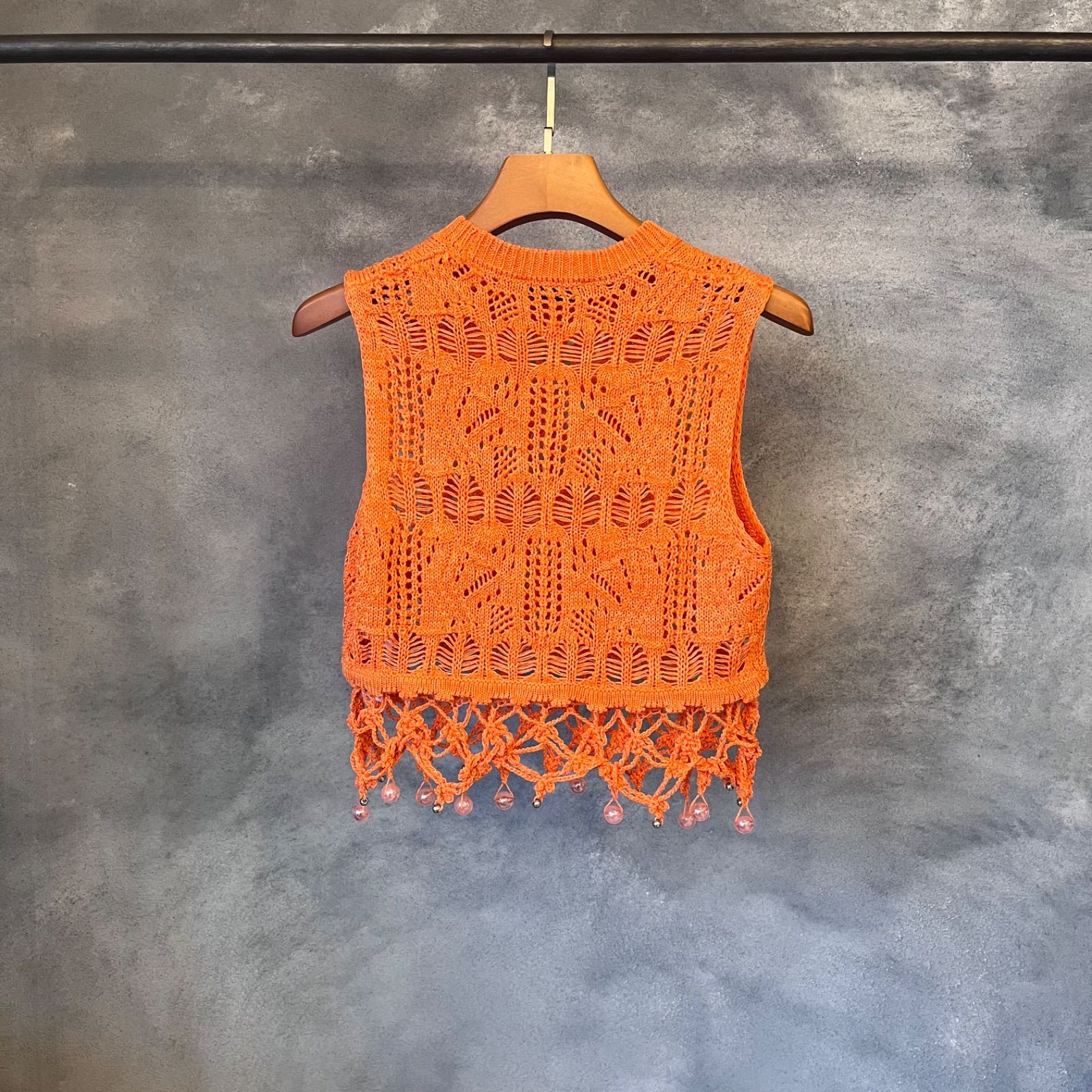 ZARA クロシェフリンジニットベスト ザラ オレンジ ノースリーブ