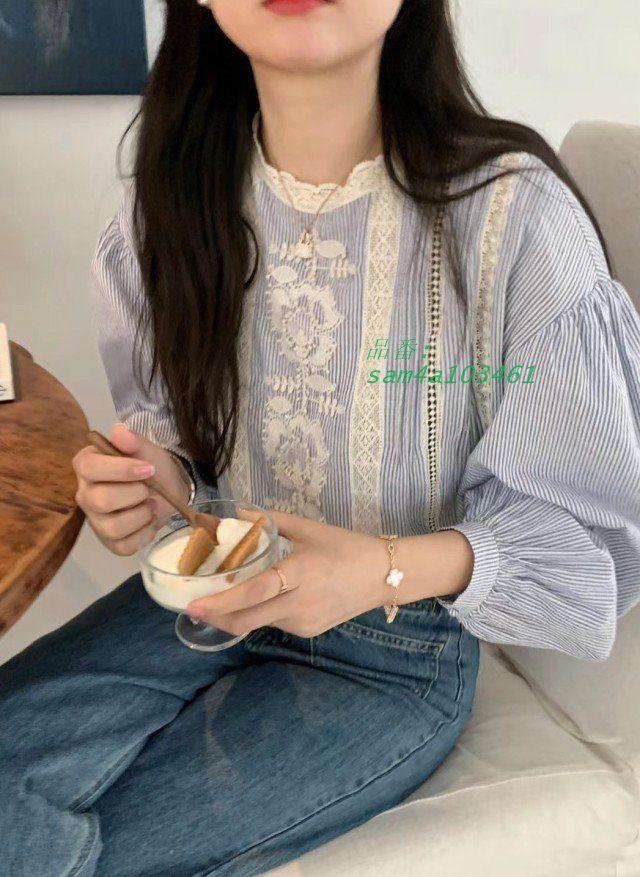 ブラウス レディース 長袖 トップス ストライプブラウス 立ち襟 バルーンスリーブ レース 韓国 秋 ファッション フリル 春 am 4 a 103461