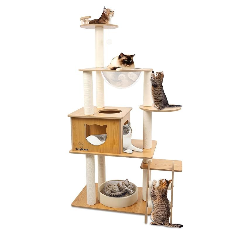 キャットタワー 木製 スリム 宇宙船 据え置き 厚さを増した板材つめとぎ 人気 CozyMeow キャットタワー 木製 スリム 宇宙船 据え置き 厚さを増