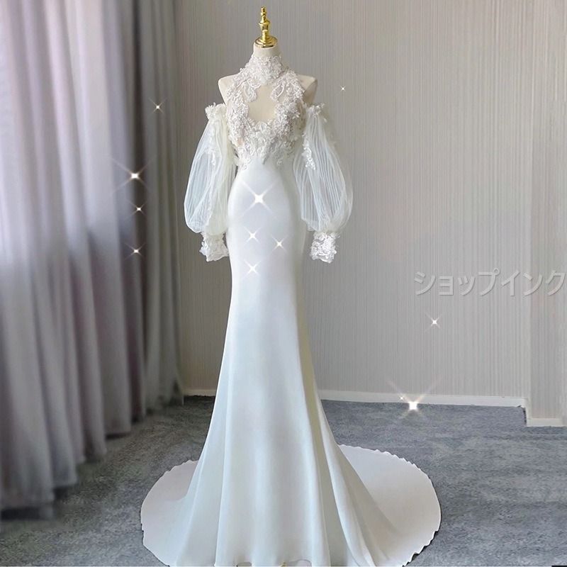 ウエディングドレス 長袖 パフスリーブ ロングドレス 結婚式 二次会 花嫁 白 スレンダーライン マーメイドライン 袖あり シースルー ホルダーネック レース刺繍 豪華 シンプル クラシカル