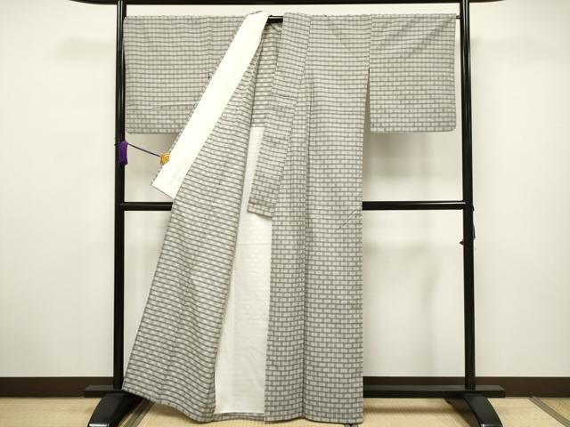 平和屋着物▽上質な紬 単衣 花織 市松文様 正絹 逸品 CAAV3694dy  