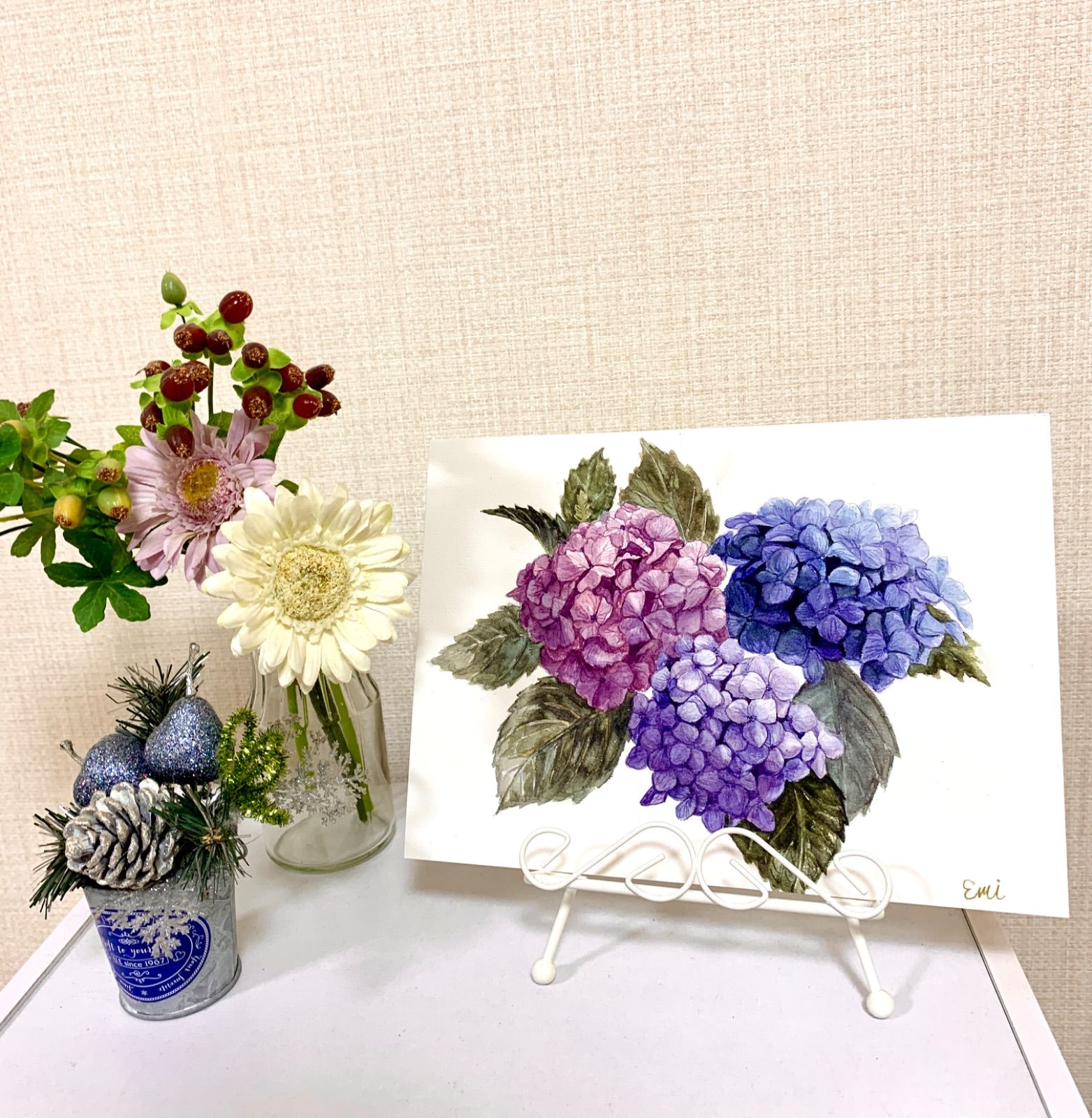 送料無料 水彩画 アジサイ 原画 ボタニカルアート 手書き 花 絵 アート