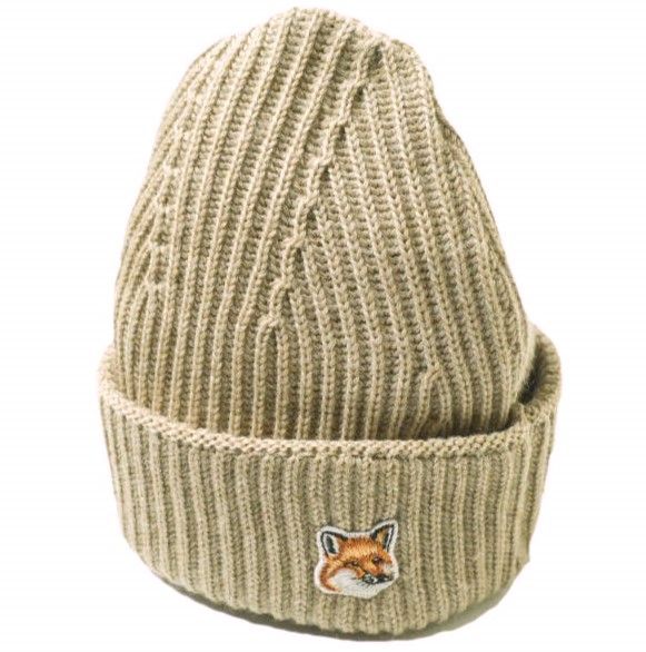 MAISON KITSUNE メゾンキツネ 22AW FOX HEAD PATCH RIBBED HAT フォックスパッチ ウールニットキャップ HU06149KT1022 ベージュ リブ ビーニー ニット帽 ワッチキャップ 帽子 g20030