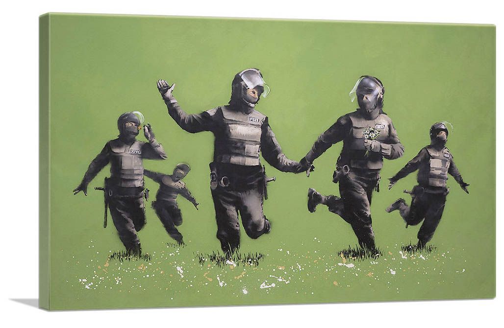 バンクシー アートパネル Mサイズ BANKSY Banksy「ライオット コップス/Riot Cops」キャンバスジークレ 発送目安15～20営業日