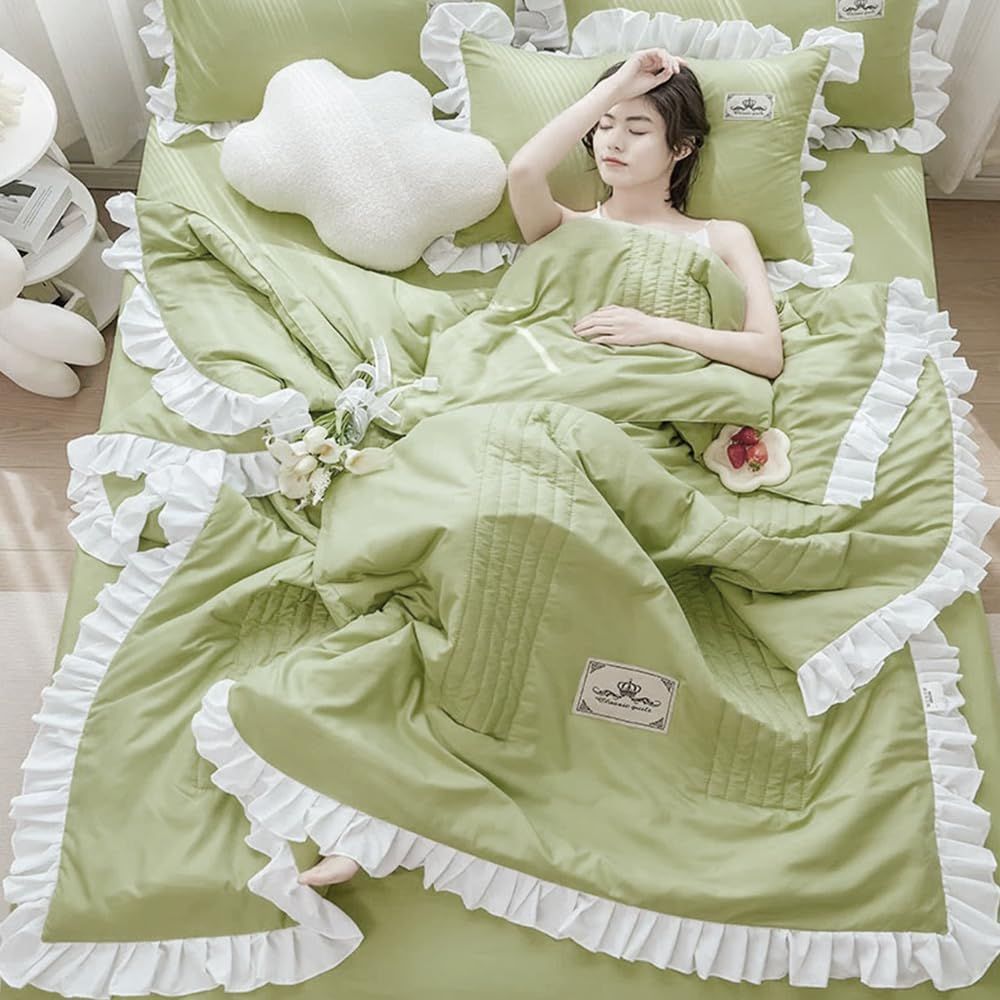 肌に優しい ベッドカバー ピーチスキン加工 枕カバー ボックスシーツ 北欧風 洋式・和式兼用 フリル付き布団 3点セット夏 四季通用（150*200、グリーン） 肌掛け布団 布団