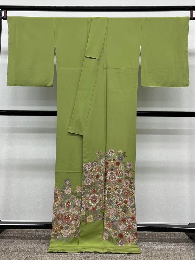 蘇州刺繍 色留袖 一つ紋 唐花文様 金糸 正絹 躾糸付き 松葉色