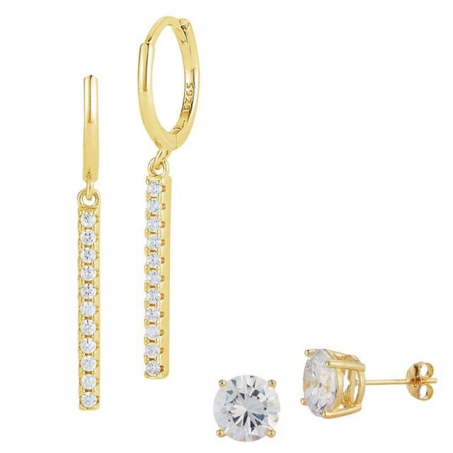 【送料無料】 Sunkissed Sterling レディース ピアス・イヤリング アクセサリー Sunkissed Sterling Sterling Silver Cubic Zirconia Bar Drop Earring Duo Set Gold T