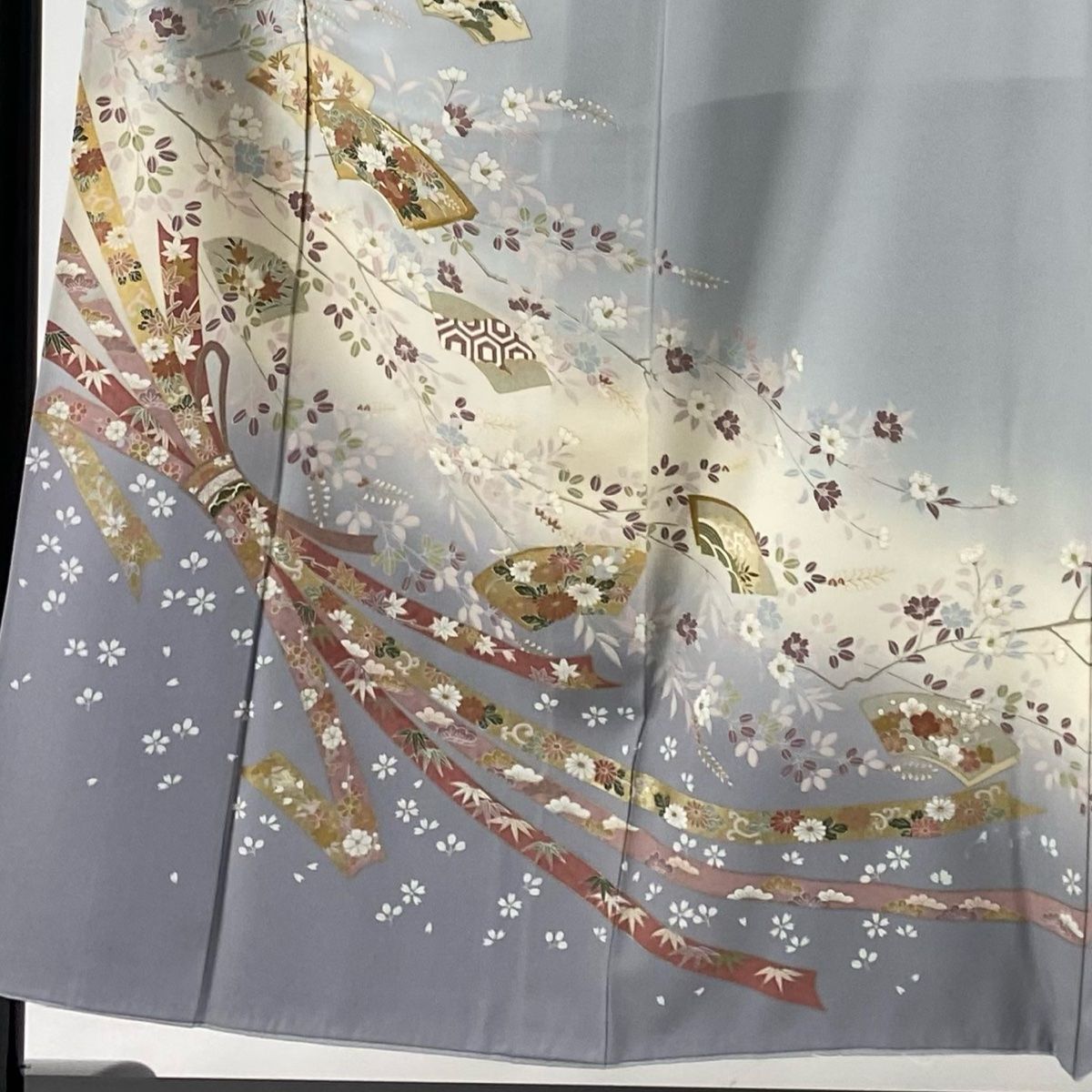 色留袖 正絹 ブルーグレー 梅 牡丹 松 水仙花と鶴 阿部佳雪 落款