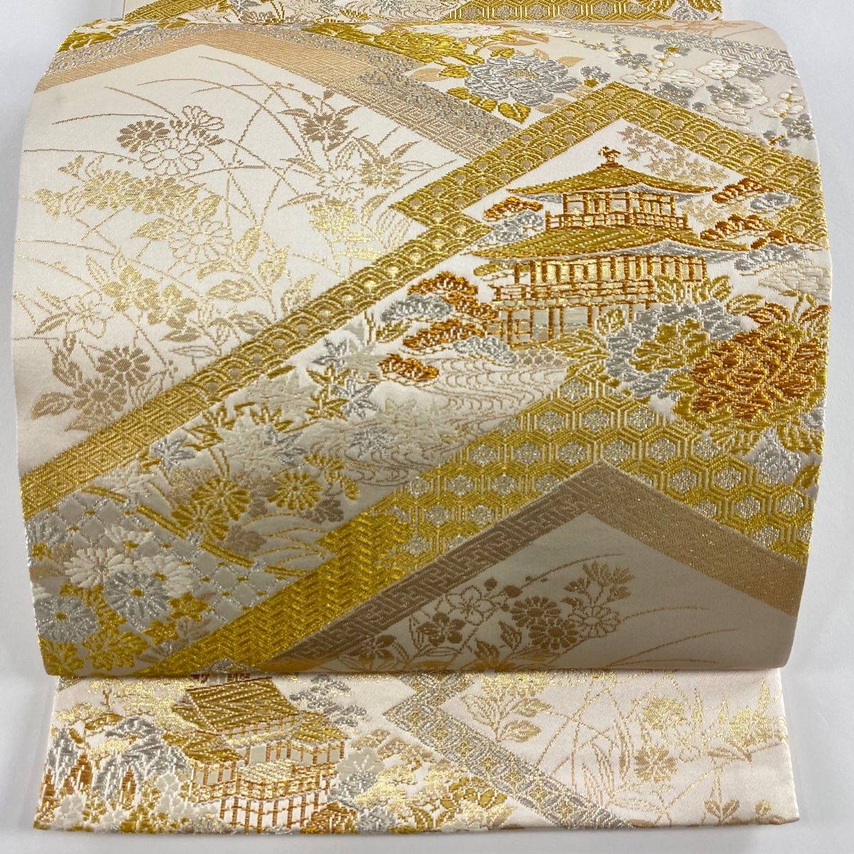 袋帯 秀品 建物 草花 金銀糸 箔 灰紫 全通 正絹