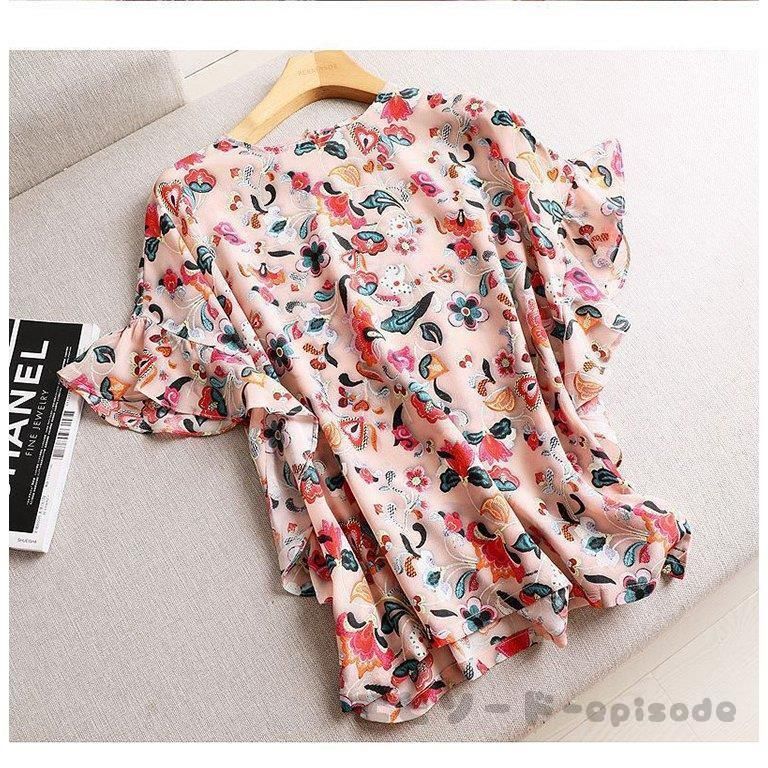 ブラウス レディース 40代 春夏 オシャレブラウス 花柄 韓国風 半袖トップス シフォン tシャツ フレア袖トップス 薄手 ゆったり 体型カバー 上品 通勤 トップス ブラウス レディース 40代 春夏新作 オシャレブラウス 花柄刺繍