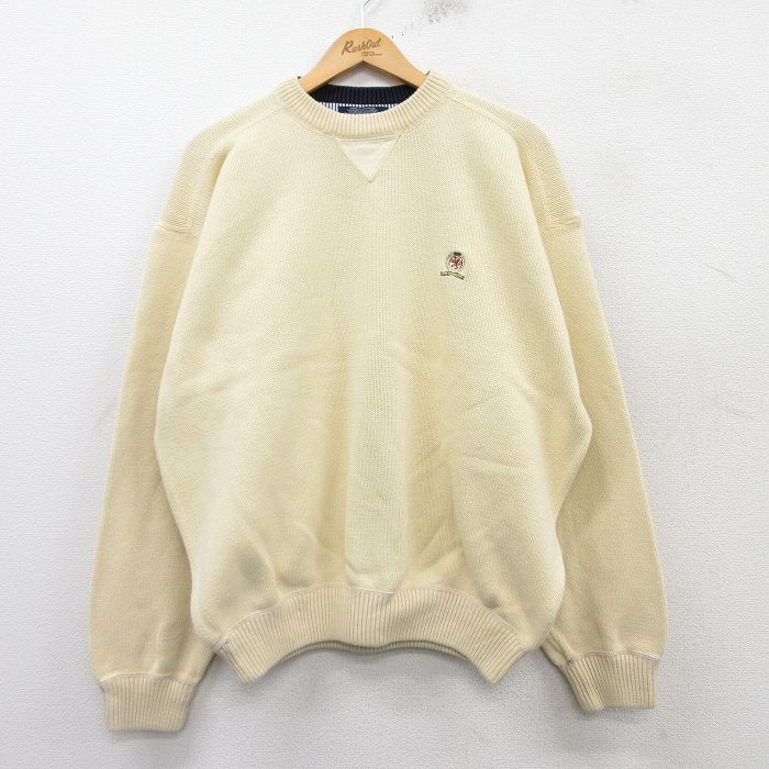 XL/古着 トミーヒルフィガー 長袖 ブランド セーター メンズ 90s ワンポイントロゴ 大きいサイズ コットン クルーネック 薄黄 イエロー 25f