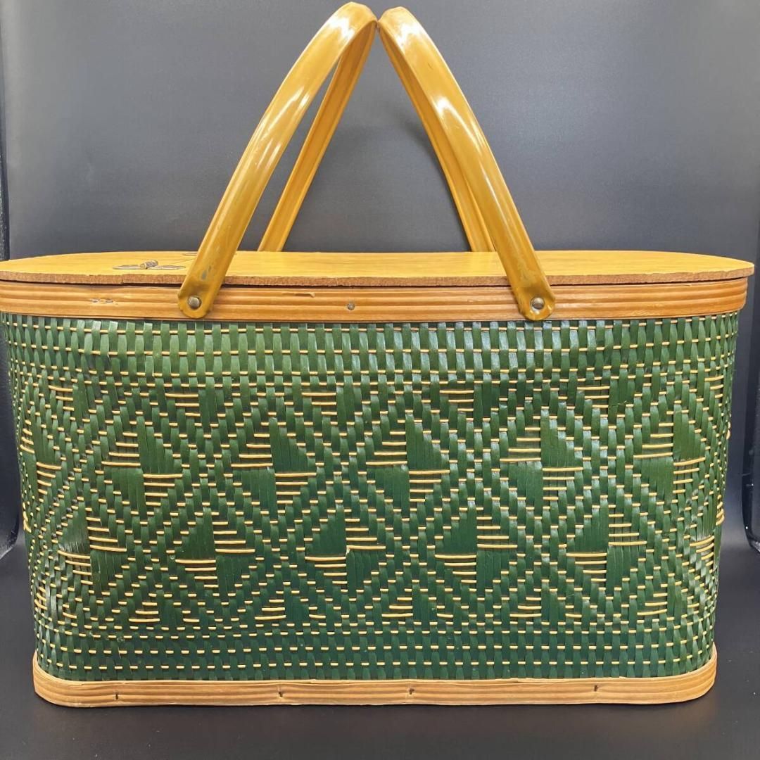 バーリントン ホークアイ ピクニックバスケット Hawkeye 緑 編み込み 木製蓋 トレイ付 長方形 ビンテージ 黒木 瞳 CM同型 POP_25B