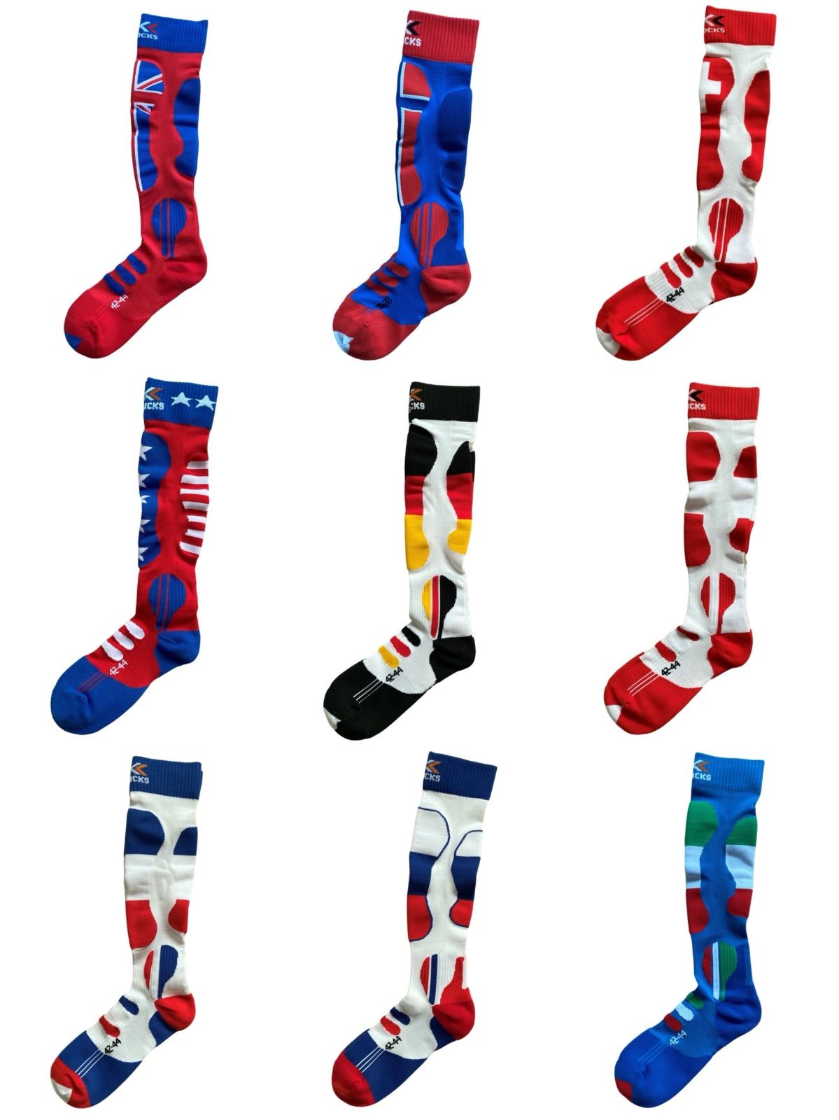 9点 X-SOCKS エックスソックス スノーボード用 靴下 ニーハイソックス Mix色｜国旗柄｜Size GR.1｜EU 35|38｜UK 4.5-6｜脚長 23～24.5cm対応 9足