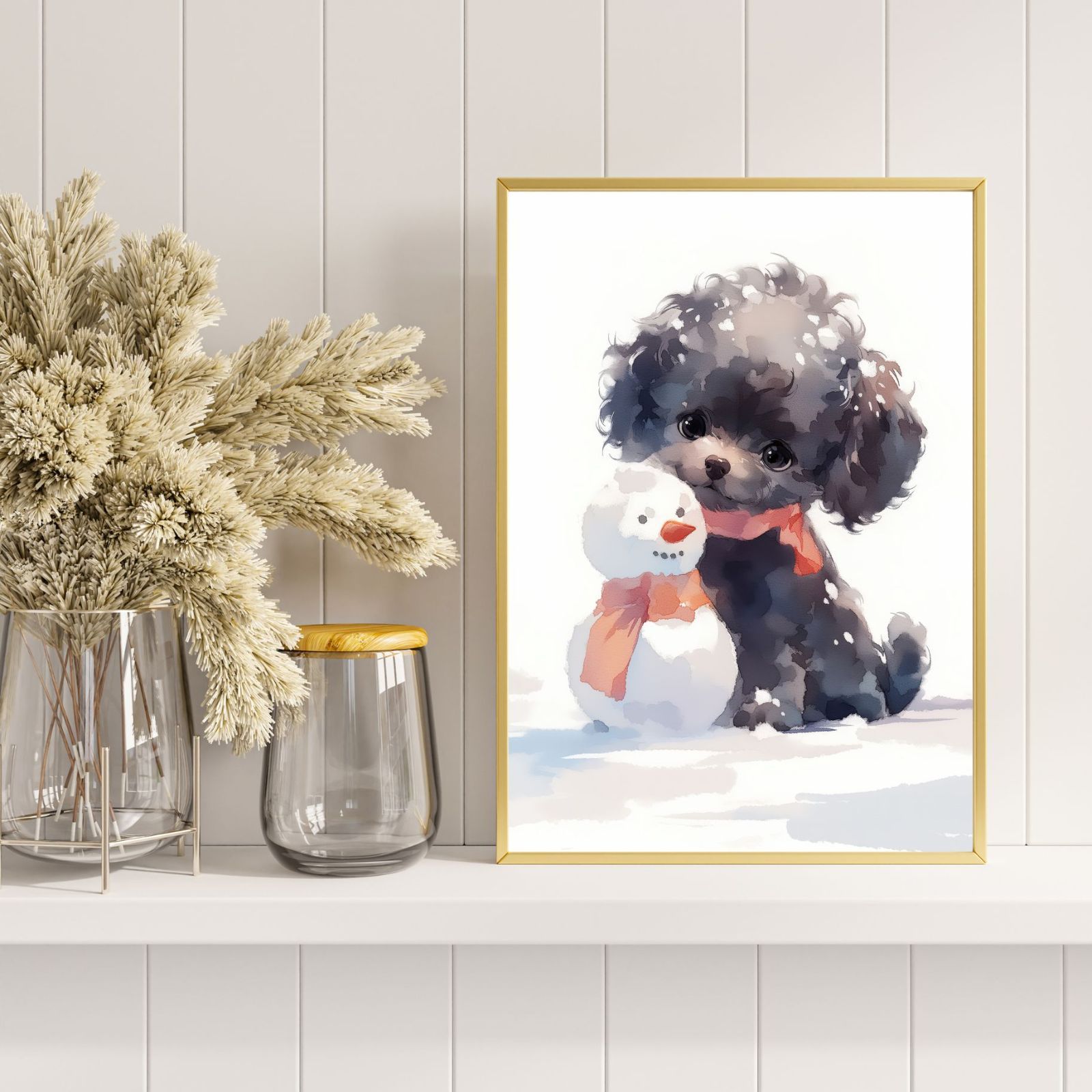 絵画。原画手描き【雪が降る冬、かわいい犬と猫の楽しい写真記念】 絵画。原画手描き【雪が降る冬、かわいい犬と猫の楽しい写真記念】