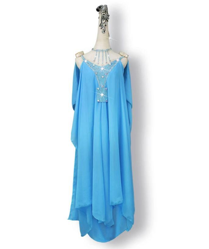 ラテンワンピースドレス 社交ダンス衣装 ブルー オーダーメイド