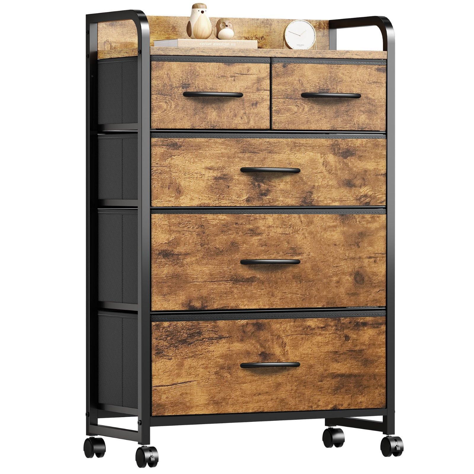 ストッパー付きキャスター 転倒防止 布製 L55×W29×H96cm 和風 木製天板付き 多機能 リビング 衣類収納 4段5杯 引き出し 4段 たんす 箪笥 洋服収納 ピンテージ2 チェスト 収納 タンス YeTom