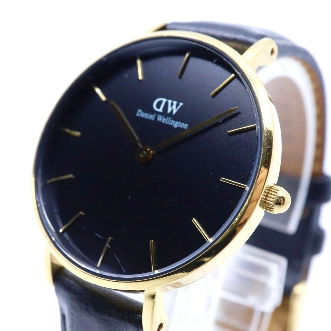 電池交換済 ダニエルウェリントン DW Petite 腕時計 レディース K32GB06 クオーツ アナログ ラウンド ブラック文字盤 ゴールドケース レザーベルト クラシック エレガント ミニマルデザイン クリーニング済 稼働品 G2