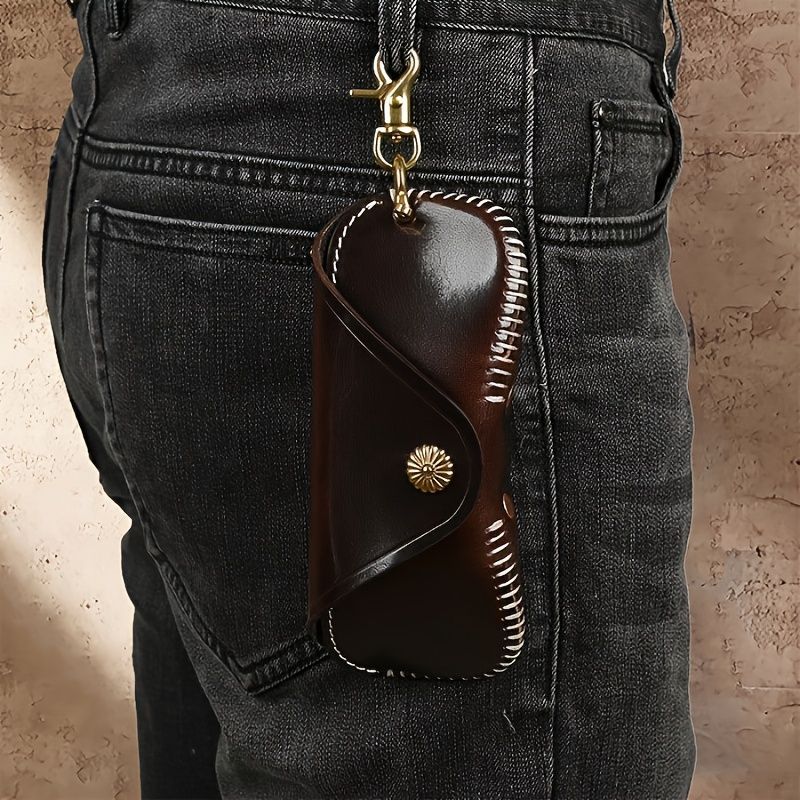 サングラスケース ヴィンテージ 手縫い 本革トラベルウォレット 真鍮スナップクロージャー ランヤード付き トップフラップファッショングラス収納 キー イヤホン 小銭用 多ポケットオーガナイザー 牛革 クラシックデザイン 頑丈な構造 ブラウン コーヒー