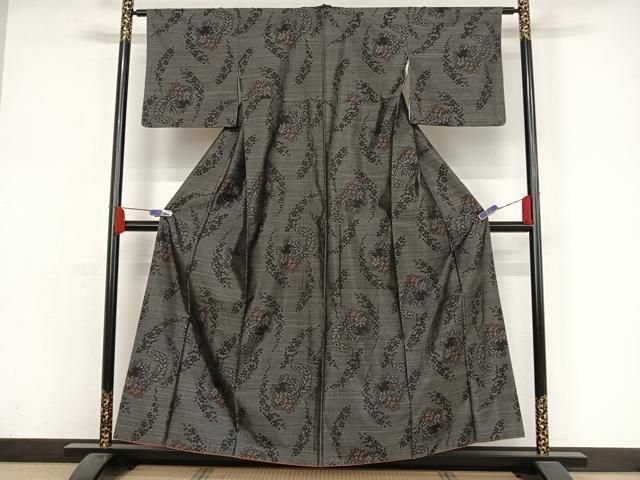 平和屋着物▽本場大島紬 草木色泥染 単衣 風景花文 大山