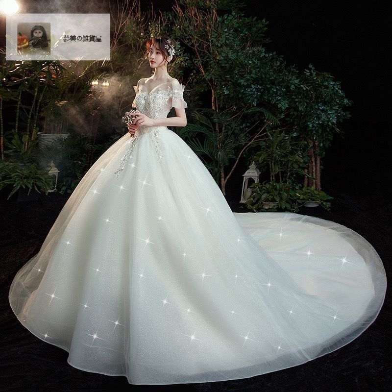 ウェディングドレス 二次会 結婚式 披露宴 ブライダル ロングドレス フレンチスリーブ 花嫁 ウエディングドレス プリンセスライン オフホワイト フリル 編み上げ