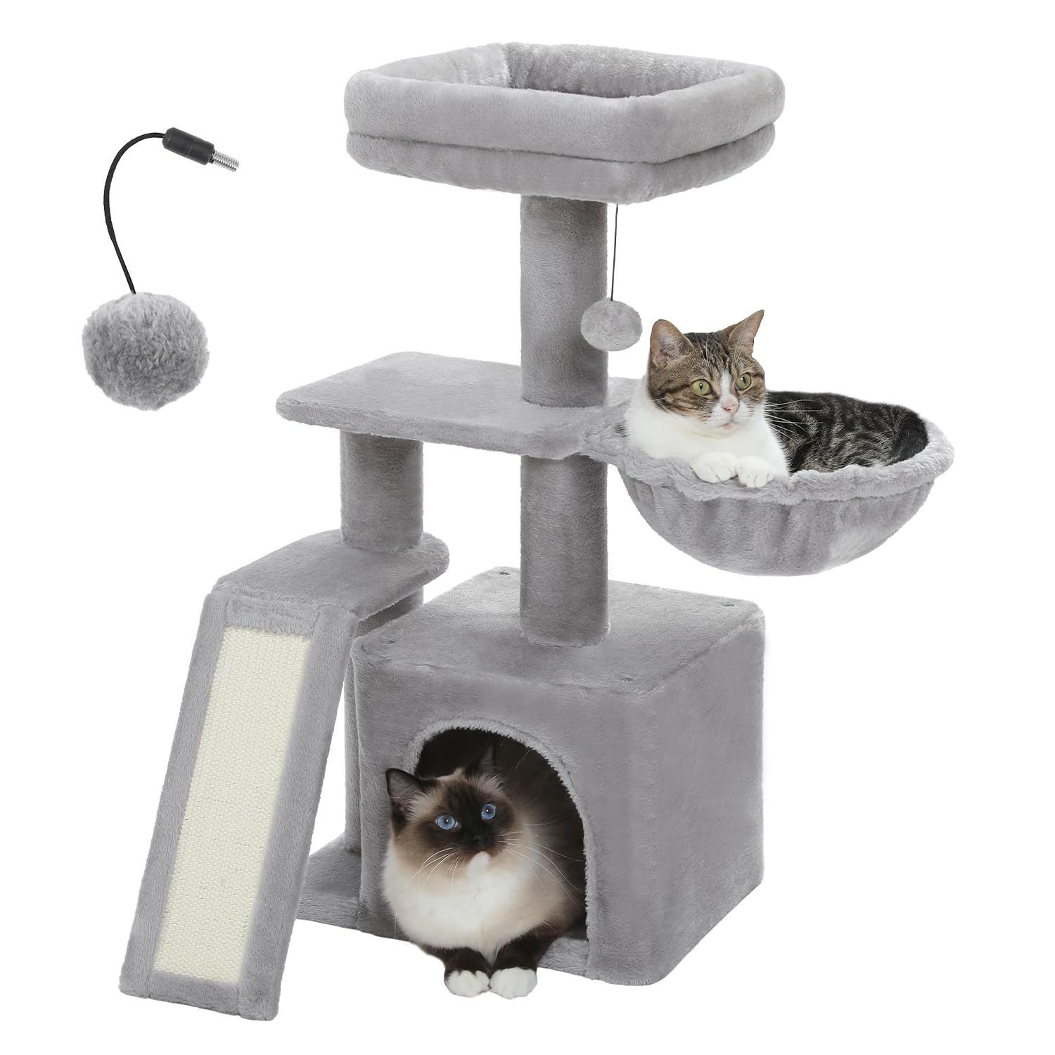 【在庫処分】グレー 高さ80cm ポンポンおもちゃ サイザル麻 爪研ぎ 猫タワー 多頭飼い ハンモック 猫ハウス 爪とぎポール コンパクト 据え置き ミニ キャットタワー PAWZRoad
