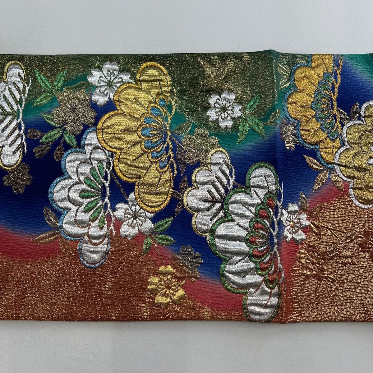 袋帯 美品 秀品 振袖向き 笠松 桜 金銀糸 箔 青 全通 正絹