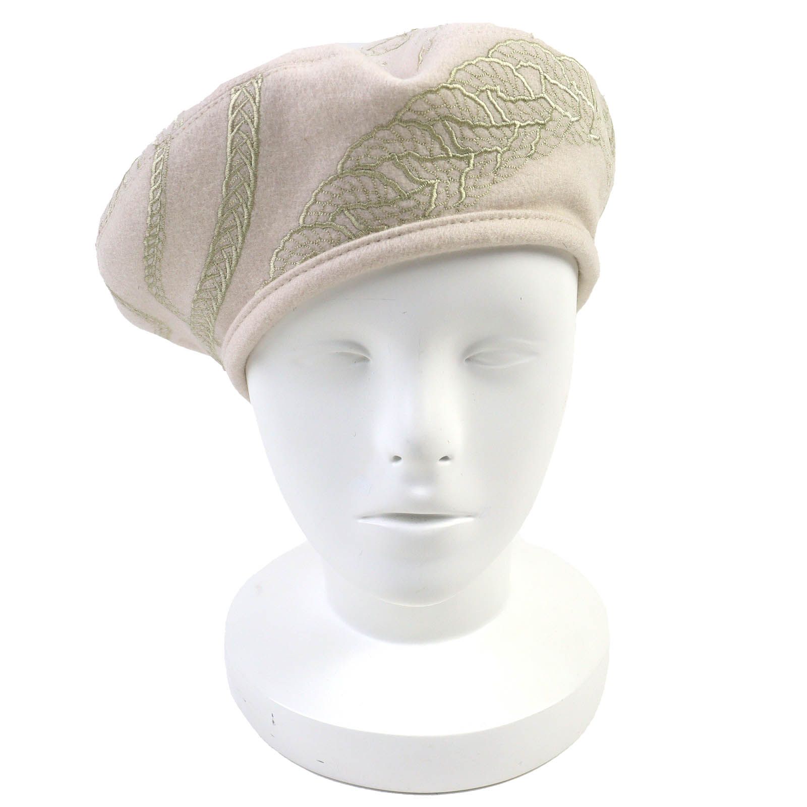 △HERMES エルメス サントノーレ アン フィネス ウール100% シルバー金具 セリエボタン 刺繍デザイン 帽子 ベレー帽 ライトベージュ 58 イタリア製 レディース