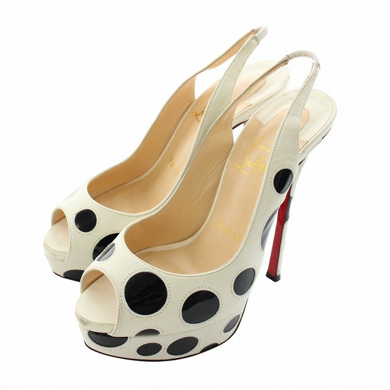 クリスチャンルブタン Christian louboutin パンプス エナメル レザー オープントゥ ハイヒール 水玉 ドット柄 ストラップ 36 23cm 白 ホワイト 黒 ブラック |XZ GY17