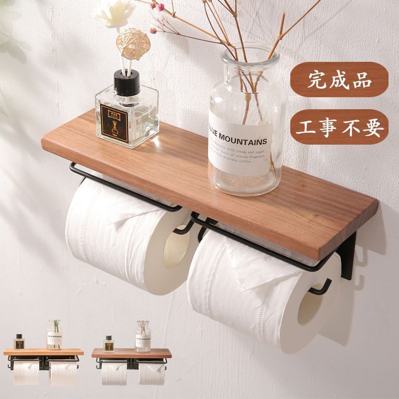 トイレットペーパーホルダー おしゃれ 2連 木製 ダブル 二連 アイアン 賃貸 トイレットペーパー トイレ 木製収納 小物置き 壁掛け 壁掛棚 #04a1e770-5490-=#