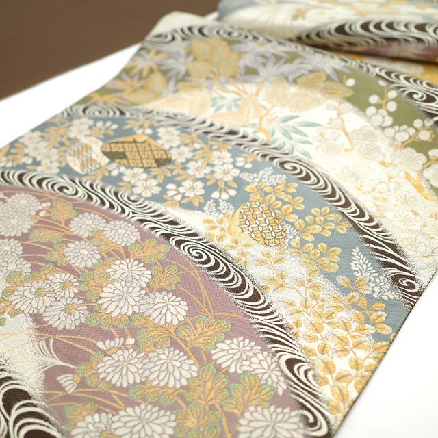 平和屋着物○太鼓柄袋帯 紬地 総刺繍 風景花文 正絹 逸品 CAAU1100yk  