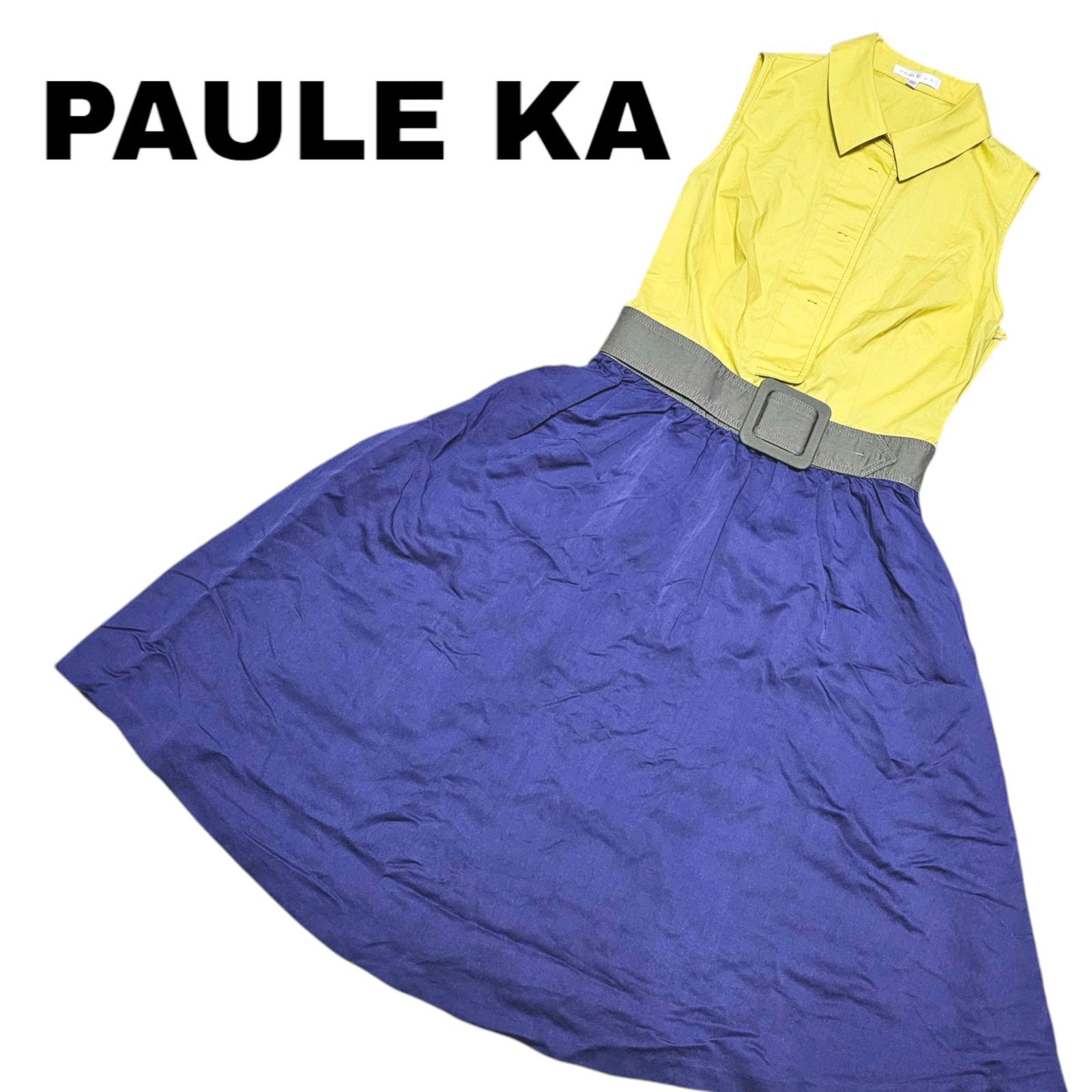 PAULE KA ポールカ レディース ワンピース シャツワンピース ロングワンピース ノースリーブ 黄色×青 Sサイズ 0000020KJ -  メルカリ