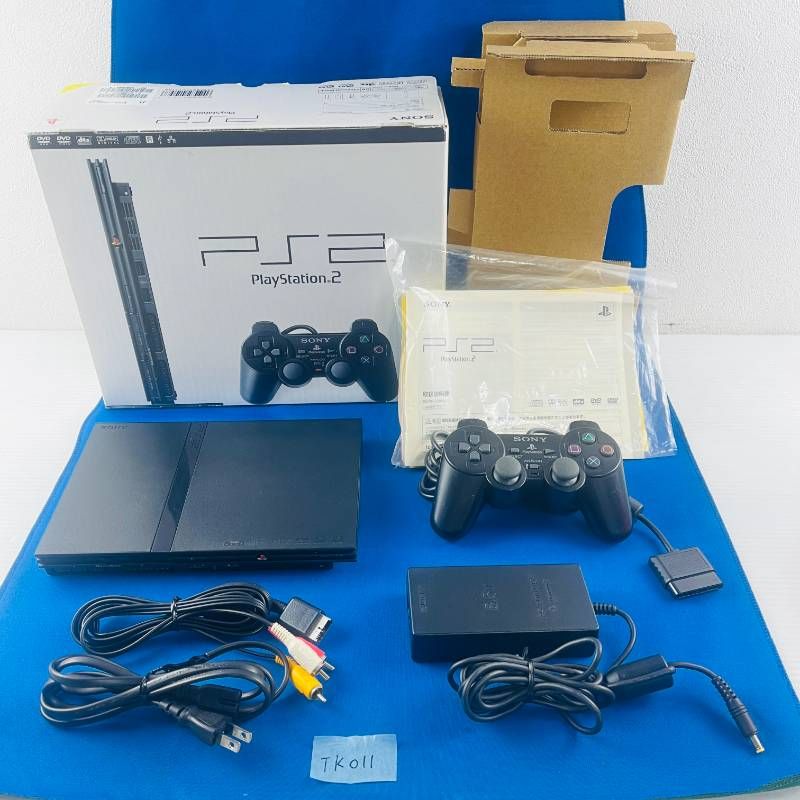 TK011 完品 すぐ遊べるセット SONY PS2 ブラック 薄型 SCPH-70000 ソニー playstation プレステ2 プレイステーション2 本体 コントローラー デュアルショック2 ケーブル類 取扱説明書 箱あり