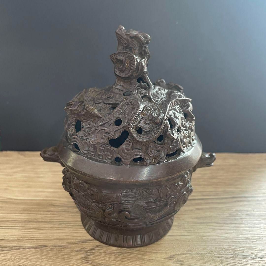 銅 細工 浮彫り百福網蓋薫香炉 茶道香炉 工芸品 美術品 置物 公式ショップ】 銅 細工 浮彫り百福網蓋薫香炉 茶道香炉 工芸品