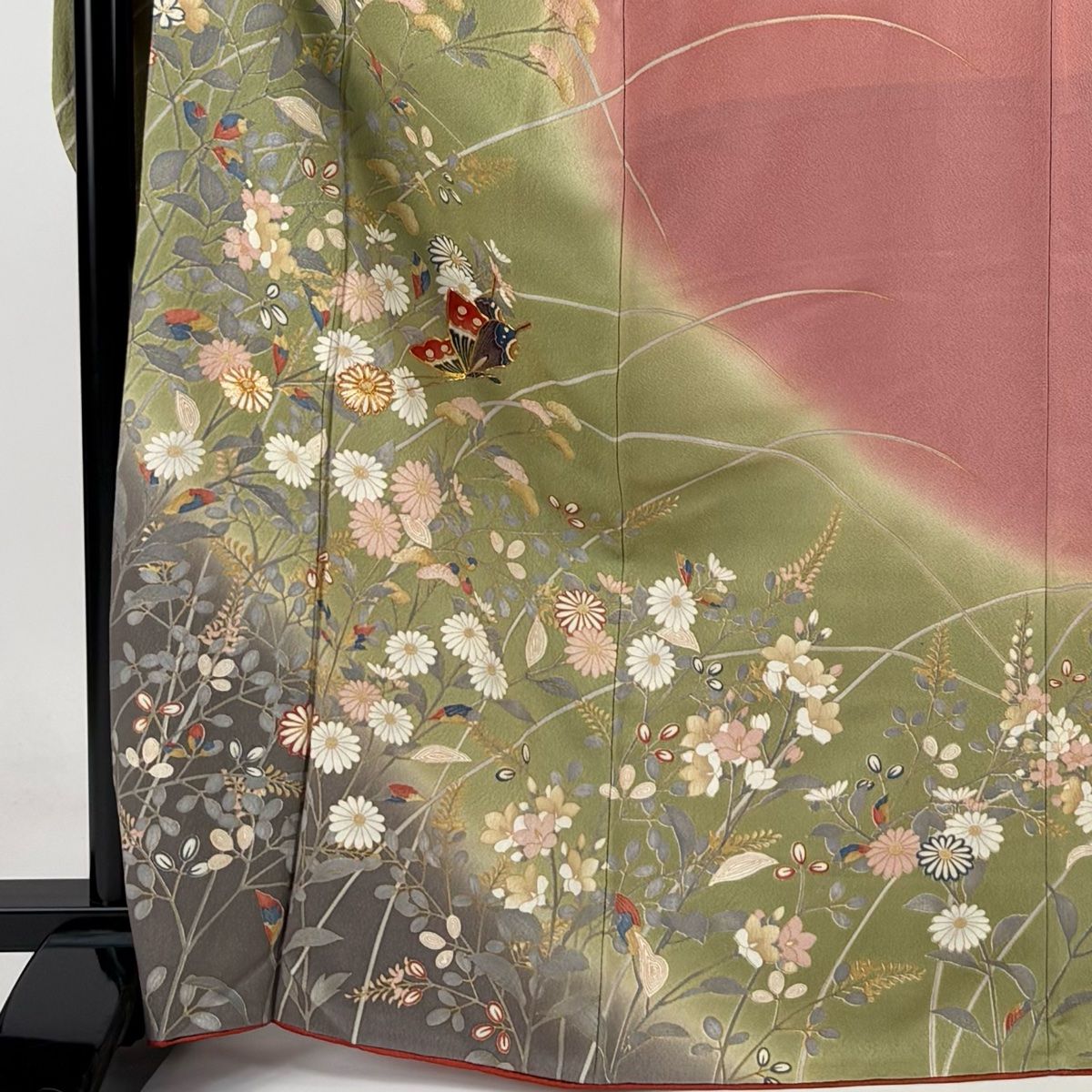 振袖 身丈168cm 裄丈68cm L 袷 蝶 秋草 金糸 金彩 よもぎ色 正絹