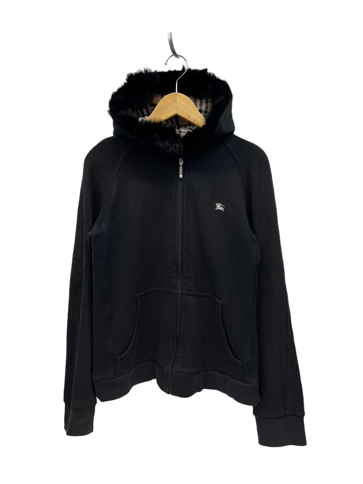 バーバリー ジップ パーカー ラビットファー ノバチェック サイズ2 黒 Burberry バーバリー パーカー ジップ ノバチェック ラビットファー