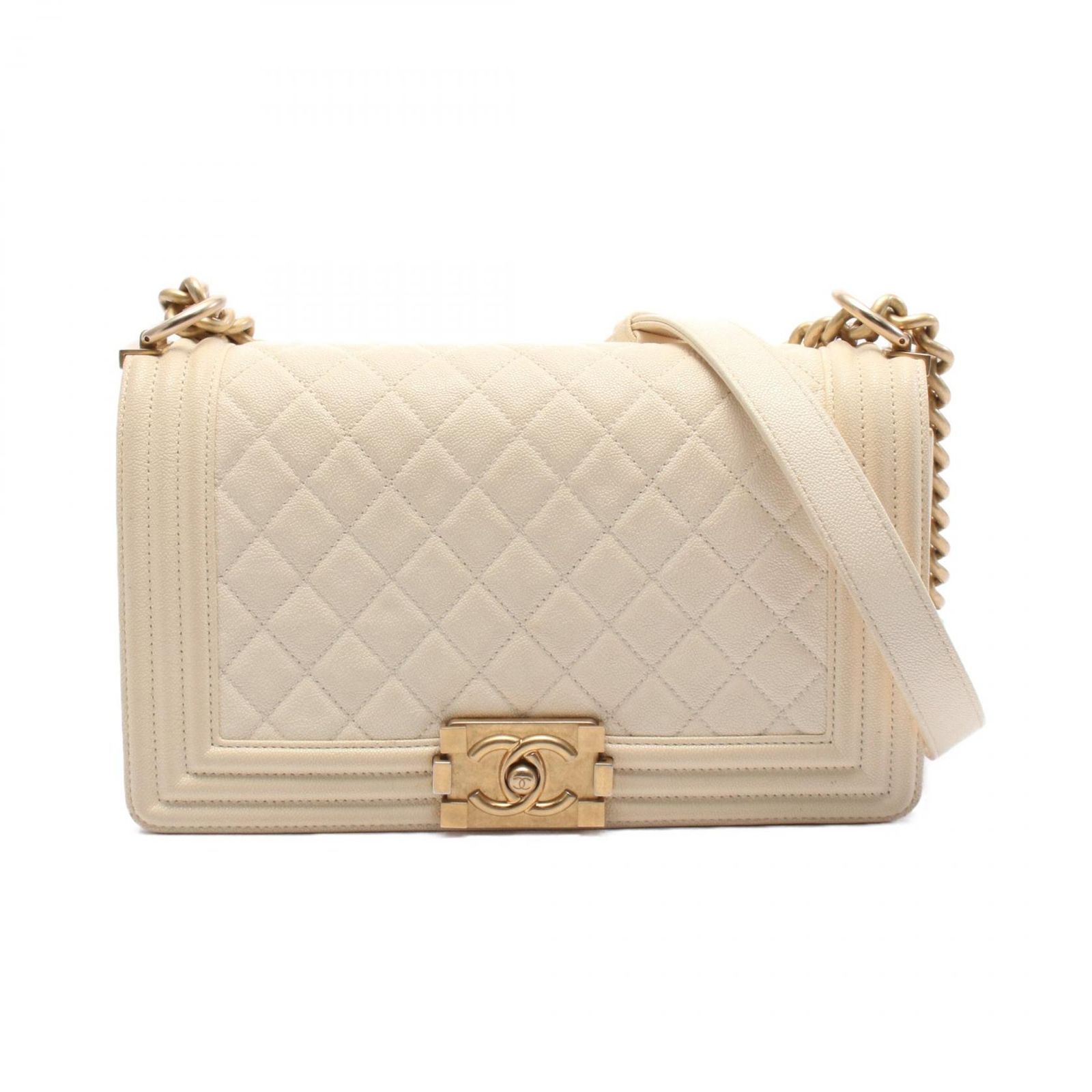 シャネル CHANEL ショルダーバッグ ボーイシャネル A67086 クリーム キャビアスキン グレインドカーフ ボーイシャネル チェーンショルダー レディース Used B