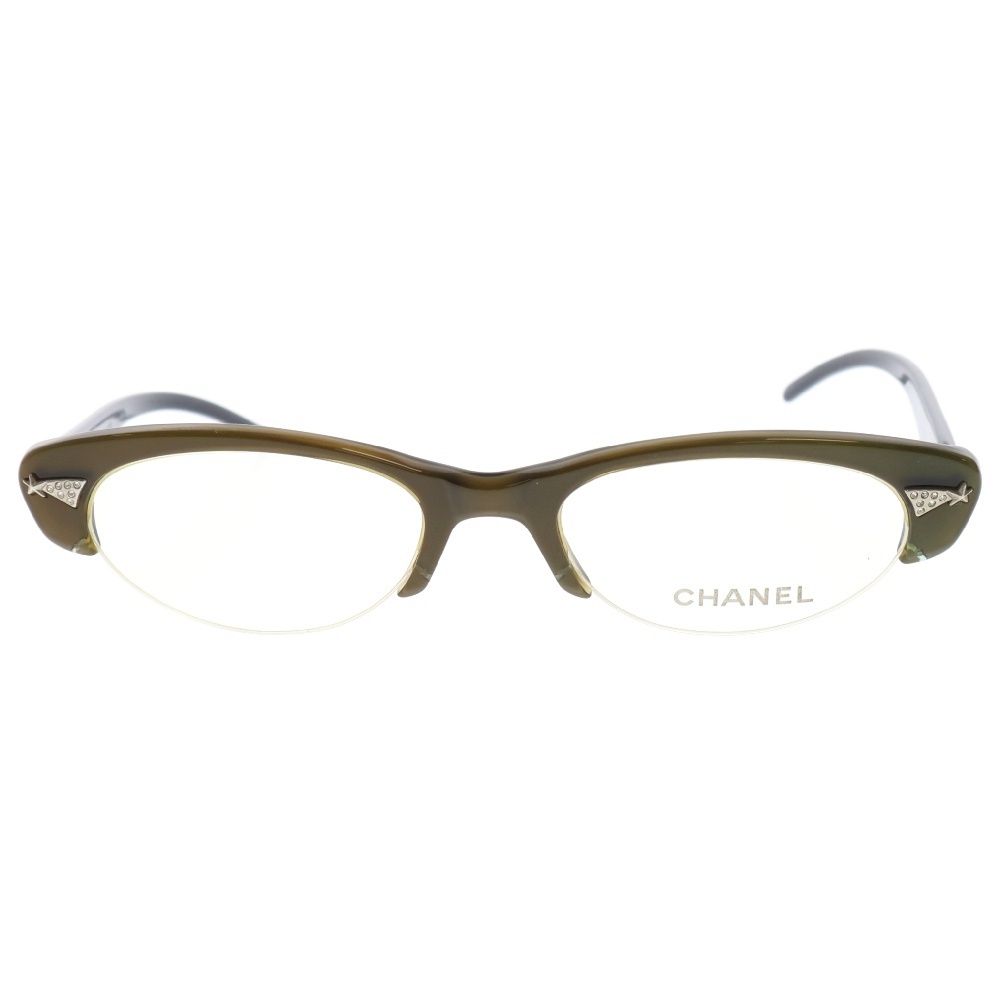 CHANEL シャネル スターモチーフ ラインストーン装飾 ハーフリム サングラス 眼鏡 メガネ ブラック/カーキ レディース 3030-B c.577 CHANEL (シャネル) スターモチーフ ラインストーン装飾 ハーフリム