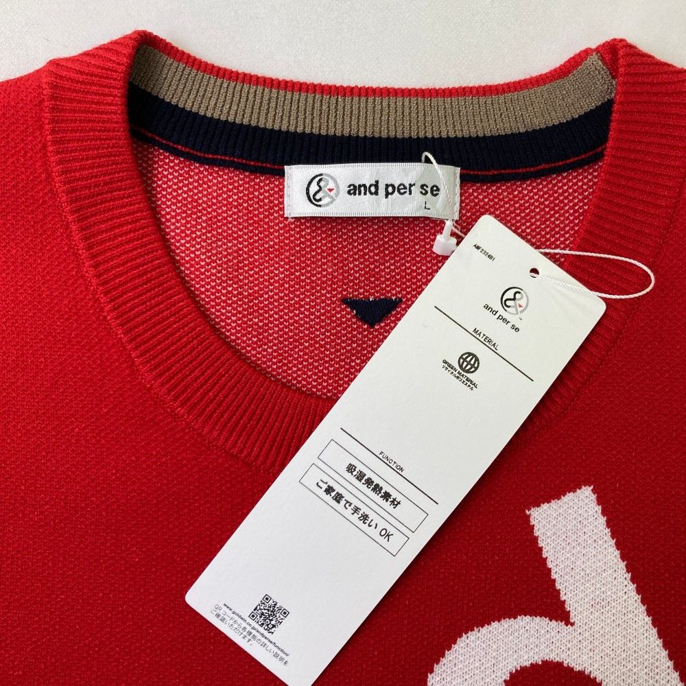 アンパスィゴルフ長袖ニットセーター吸湿発熱ロゴ総柄赤色Lサイズ