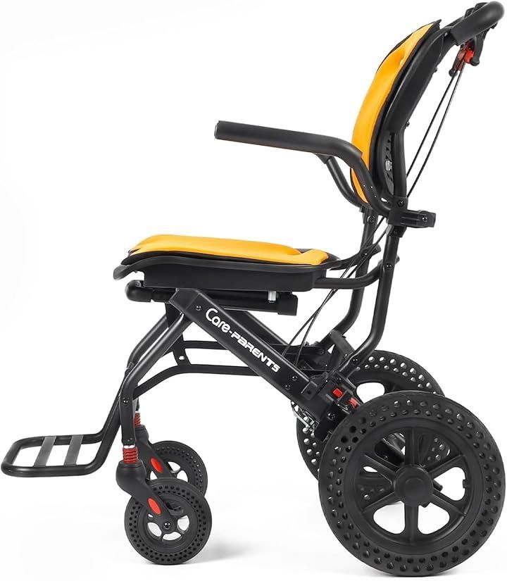 Care-parents 軽量車椅子 介助用車いす アルミ製 折りたたみ式 軽量コンパクト車椅子 衝撃吸収性 透気性 介助ブレーキ付き 可伸縮キャリハンドル付き 屋内用 外出用 旅行用 CP-0903O 黄色