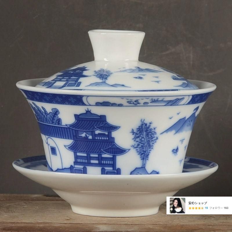 景徳鎮陶磁器梧桐山水蓋碗 茶碗 煎茶器 茶道具 新品未使用