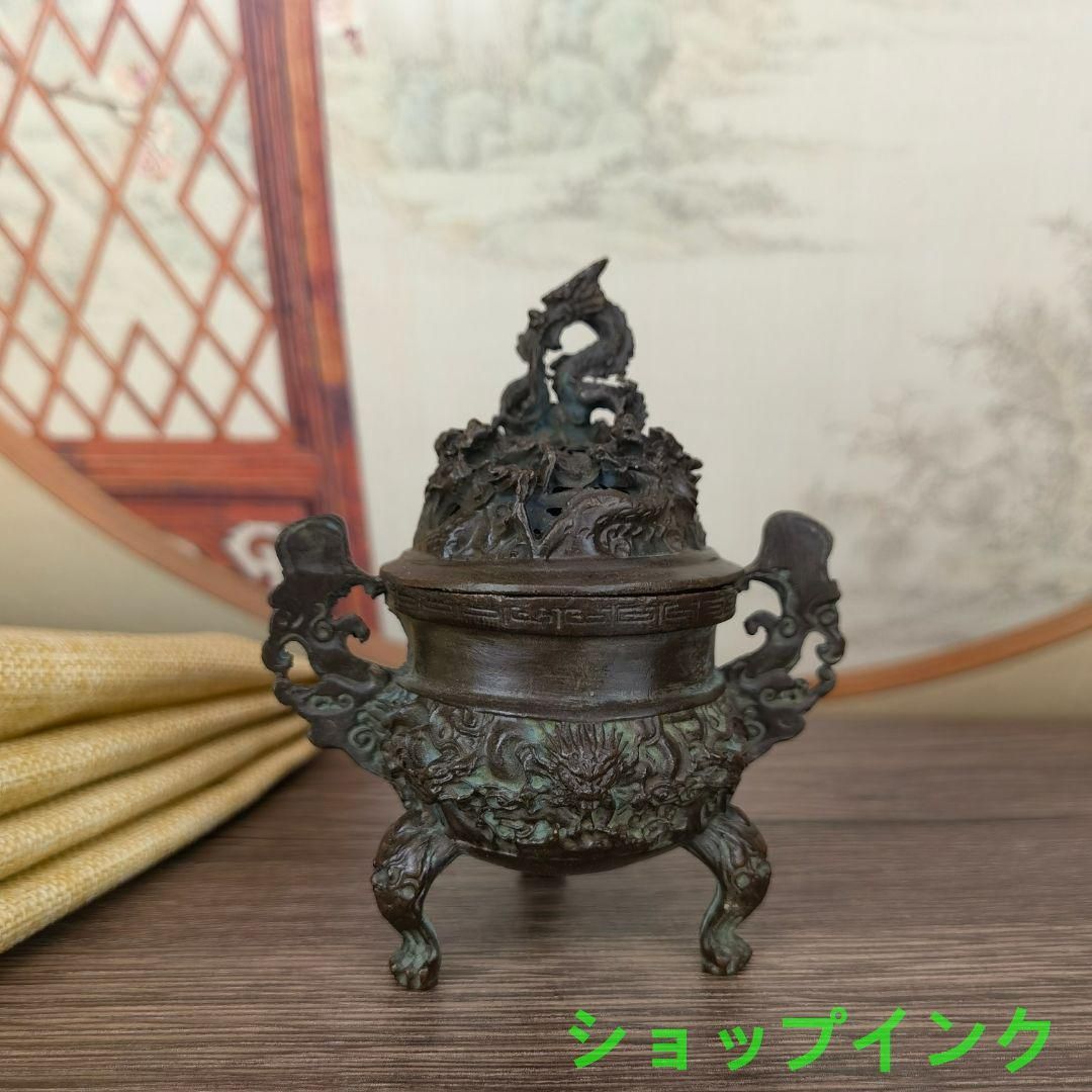銅制 竜紋透かし彫り蓋宣徳方炉 室内香炉 香道具 茶道具 装飾品 工芸品 置物 銅 細工 香道具 蓋置 竜紋炉 香炉 装飾品 工芸品 美術品 置物