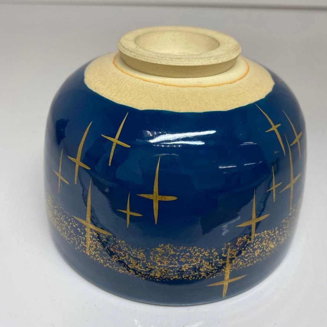 杉田拝平　清閑寺窯海碧地金彩御題画　茶碗　共箱直径11.5cm東H5-1105① 杉田拝平 清閑寺窯海碧地金彩御題画 茶碗 共箱直径11.5cm東H5-1105①