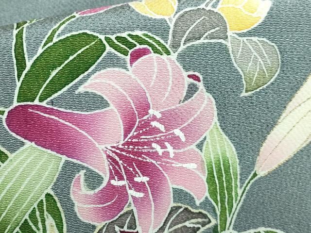 平和屋本店□極上 九寸名古屋帯 友禅 百合 濃い灰青色地 金彩 鬼しぼ