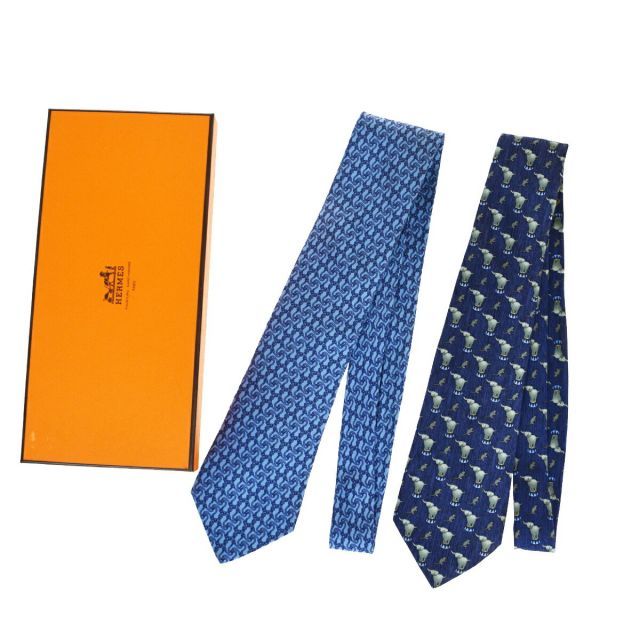 【中古】 エルメス(Hermes) 2セット ネクタイ シルク ブルー 03FA887