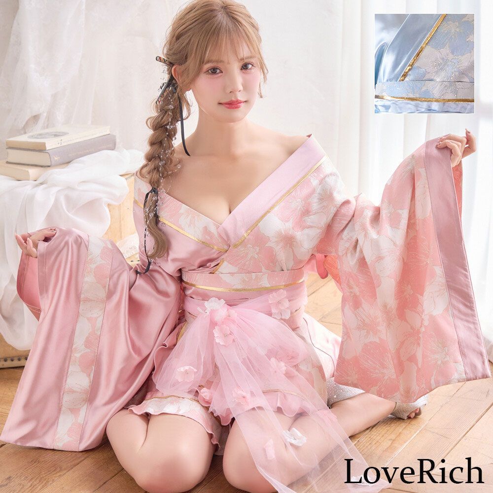 LoveRich ラブリッチ 2点セット|2カラー 花柄 和柄 ツートン フリル ミニ 豪華 帯 リボン 花魁 着物 ドレス コスプレ イベント ハロウィン 1527