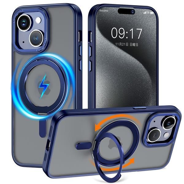 iPhone 15_ブルー iPhone 15 用 ケース 縦横両対応 リング 【多機能360度回転スタンド】MagSafe対応 ワイヤレス充電対応 半透明マット スマホケース 米軍規格 耐衝撃 カメラレンズ保護 車載ホルダー